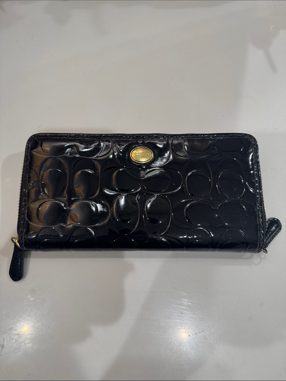Coach Patent Leather Black Signature Zip Wallet with Gold Accent